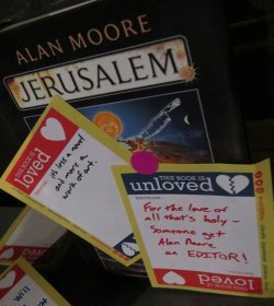 Reader comments left on a copy of Jerusalem by Alan Moore
