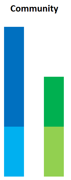 Two lines of unequal length, both lines with differently shaded sections to show the contribution of library services on community voices.